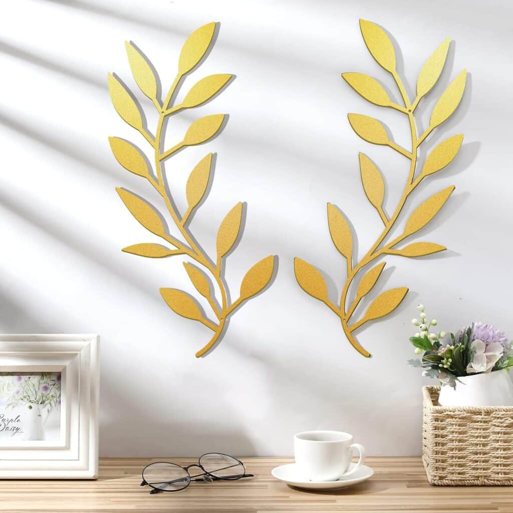 2 Pieces Metal Tree Leaf Wall Decor Vine Olive Branch Leaf Wall Art Wrought Iron Scroll Above The Bed, Living Room, Outdoor Decoration (Retro White)