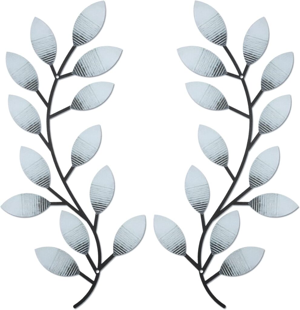 2 Pieces Metal Tree Leaf Wall Decor Vine Olive Branch Leaf Wall Art Wrought Iron Scroll Above The Bed, Living Room, Outdoor Decoration (Retro White)