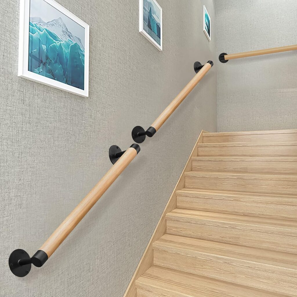 3 FT Wood Grab Bars Wall Mount Hand Rails for Indoor Stairs- Metal Support Wooden Staircase Handrails, Interior Stair Railings, Exterior Steps Banister Hand Railing, Safety Handle for Elderly