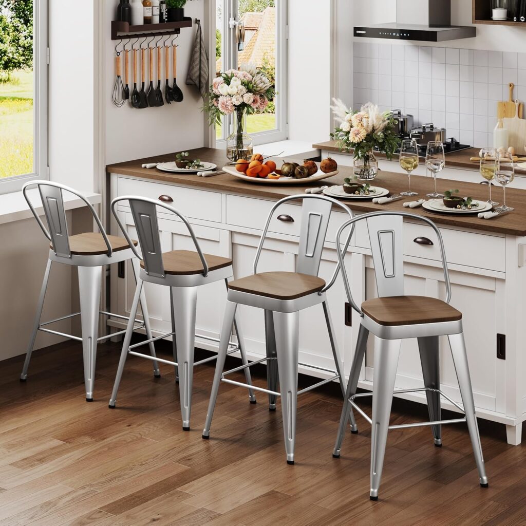 ALISH 30 Inch Industrial Bar Stools Set of 4, High Back Metal Barstools with Large Wood Seat, Counter Height Bar Chairs for Kitchen Island (30 Inch, Black)