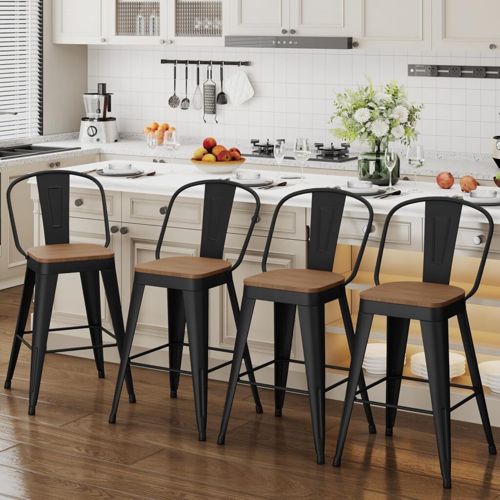 ALISH 30 Inch Industrial Bar Stools Set of 4, High Back Metal Barstools with Large Wood Seat, Counter Height Bar Chairs for Kitchen Island (30 Inch, Black)