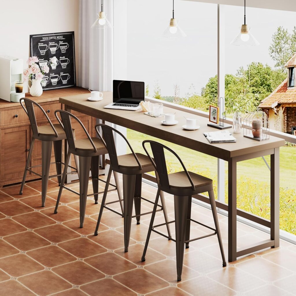 ALISH 30 Inch Industrial Bar Stools Set of 4, High Back Metal Barstools with Large Wood Seat, Counter Height Bar Chairs for Kitchen Island (30 Inch, Black)