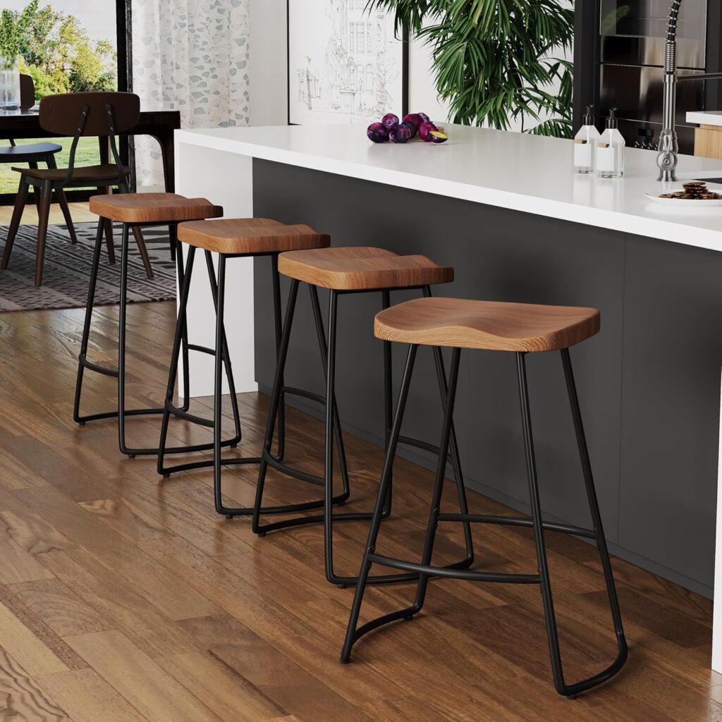 Alunaune 24 Metal Bar Stools Set of 4, Saddle Seat Backless Counter Height Barstools Kitchen Island Counter Stool Dining Chairs-Brown