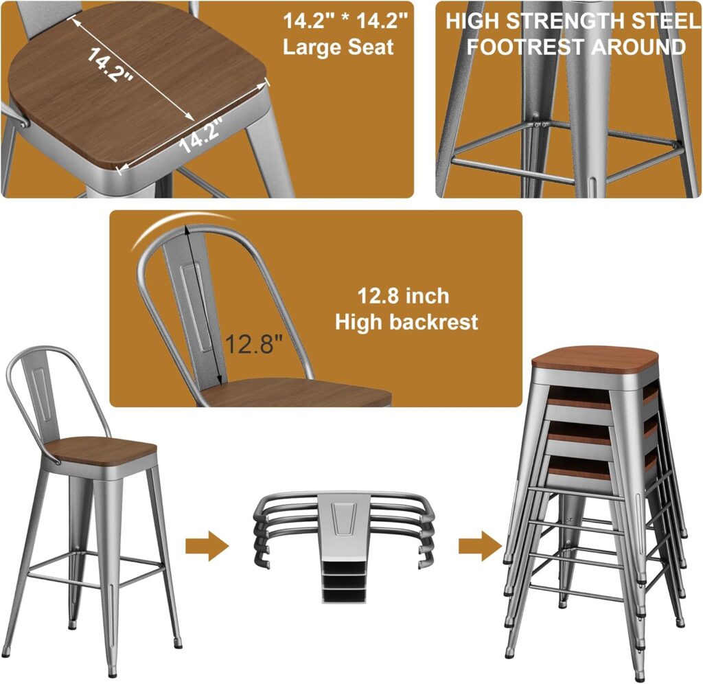 Andeworld Metal Bar Stools Set of 4, 26 inch Counter Height Barstools with Backs Farmhouse Modern High Back Bar Stools with Larger Seat Kitchen Dining Bar Chairs,Matte Black