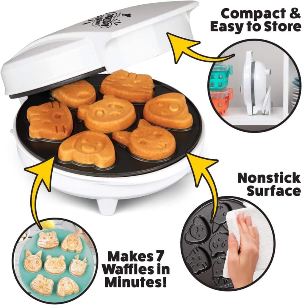 Animal Mini Waffle Maker- Make 7 Different Shaped Pancakes- Includes a Cat Dog Reindeer  More- Electric Nonstick Waffler Iron, Pan Cake Cooker Baker w Recipe Guide, Fun Breakfast Gift for Kids Adults