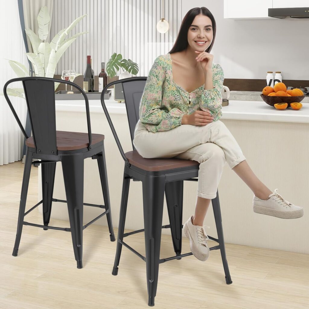 Athena Collection 24.5 Counter Height Chairs High Back Bar Stools Set of 2, Farmhouse Wooden Seat Metal Frame Barstools Bar Dining Chairs with Footrest for Pub, Bistro, Kitchen, Black