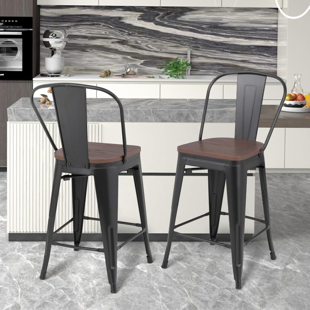 Athena Collection 24.5 Counter Height Chairs High Back Bar Stools Set of 2, Farmhouse Wooden Seat Metal Frame Barstools Bar Dining Chairs with Footrest for Pub, Bistro, Kitchen, Black