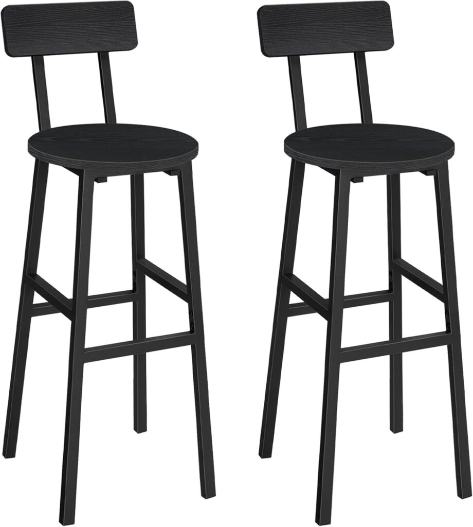 Bar Stools, Set of 2 Round Bar Chairs, 28 Inches BarStools with Back, Breakfast Bar Chairs with Footrest, Counter Bar Stools, for Dining Room, Kitchen, Bar, Black BAHB27701