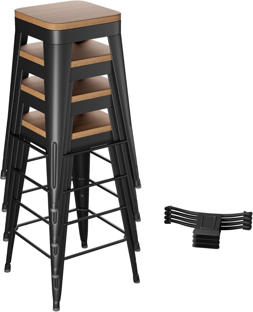 Bar Stools Set of 4 Metal Bar Stool Counter Height Bar Stools Black, Modern 24 Bar Chairs with Back and Wooden Seat Bar Stools Counter Height