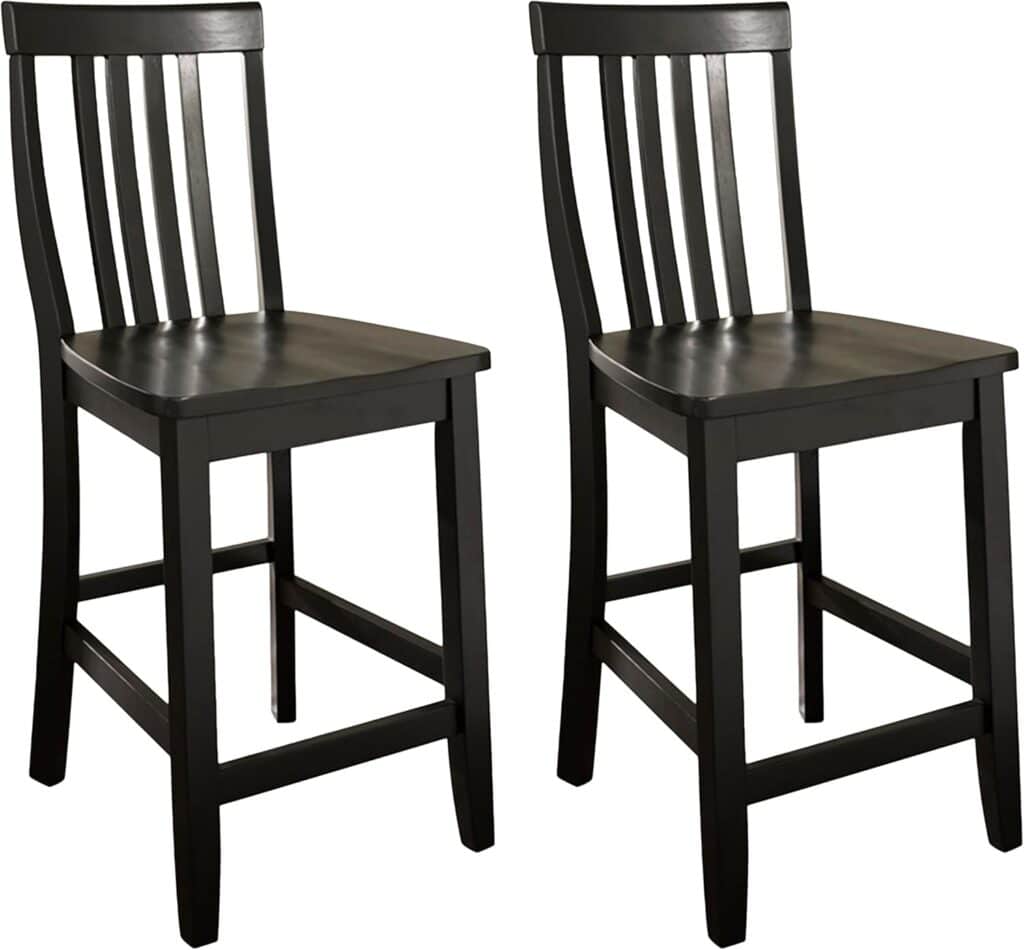 Crosley Furniture School House Wood Slat Back Counter Height Bar Stools Set of 2, Black, 24-inch