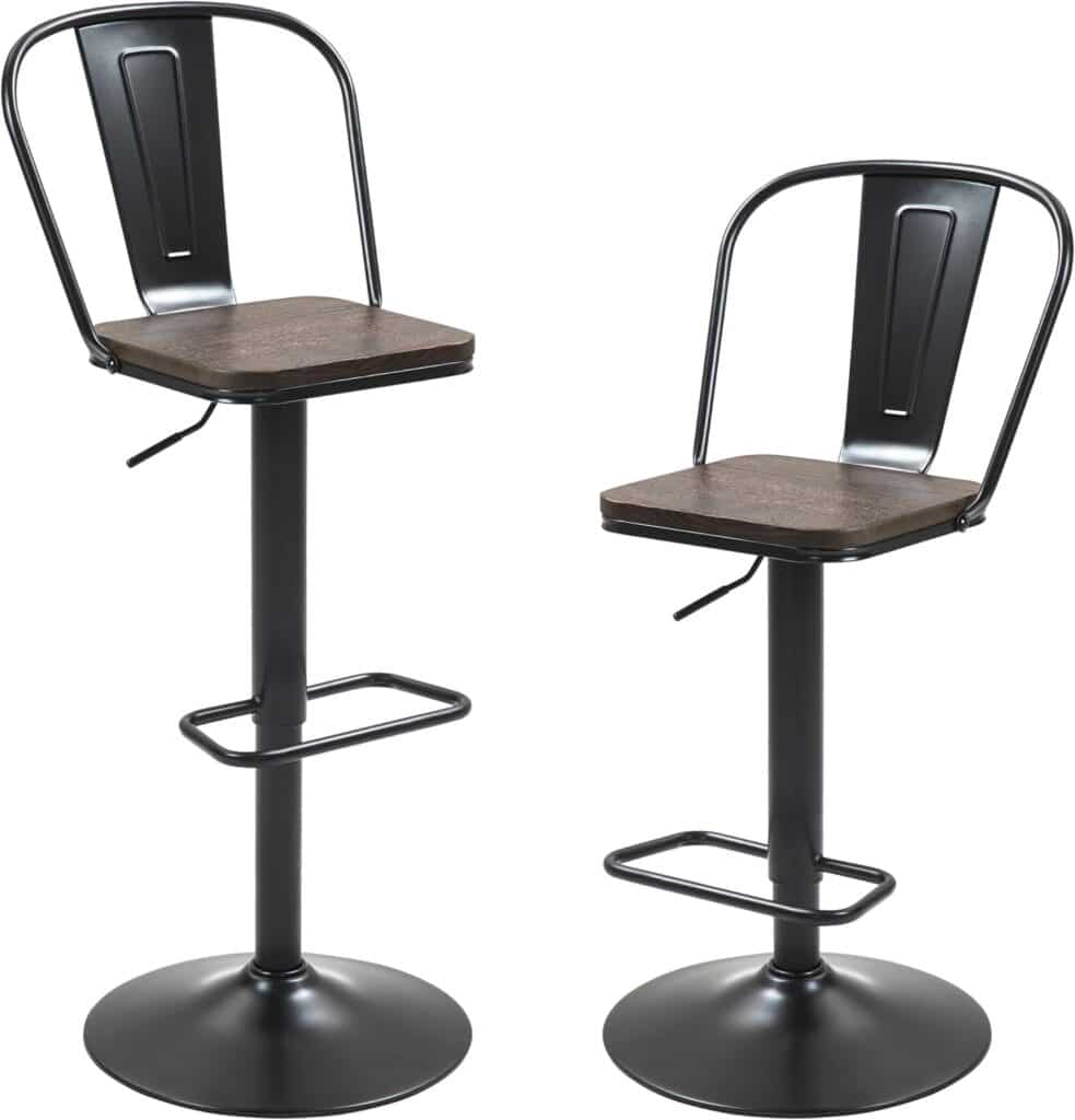 Finnhomy Bar Stools Set of 2 Counter Height, Swivel Barstools with Footrest and L Shape Metal Back, Adjustable Modern Bar Chairs, Modern Design for Kitchen, Black