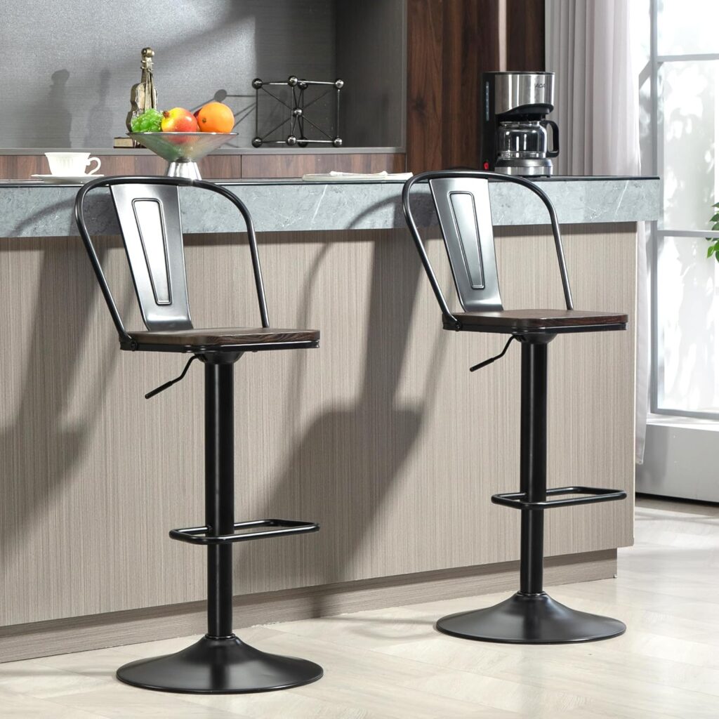 Finnhomy Bar Stools Set of 2 Counter Height, Swivel Barstools with Footrest and L Shape Metal Back, Adjustable Modern Bar Chairs, Modern Design for Kitchen, Black