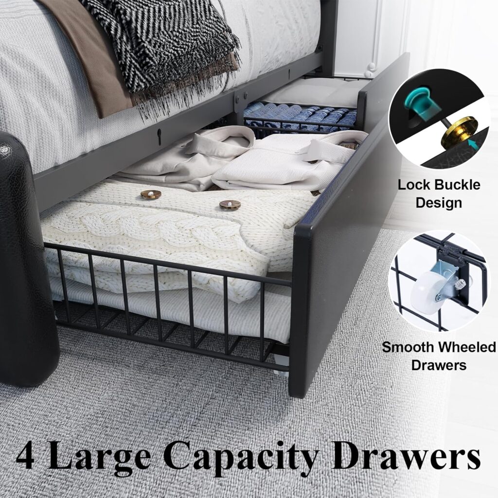 Full Size Bed Frame with 4 Storage Drawers and LED Light, Upholstered Platform Storage Bed with Charging Station and Adjustable Headboard, Metal Slats Support, No Box Spring Needed, Black