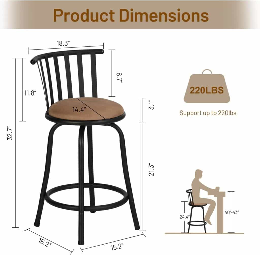 FurnitureR Classic Barstools Set of 2, Country Style Bar Chairs with Back and Footrest Swivel Counter Height Bar Stools for Kitchen Island Pub, Bistro, Restaurant, Rustic Brown and Black (24 Inch)