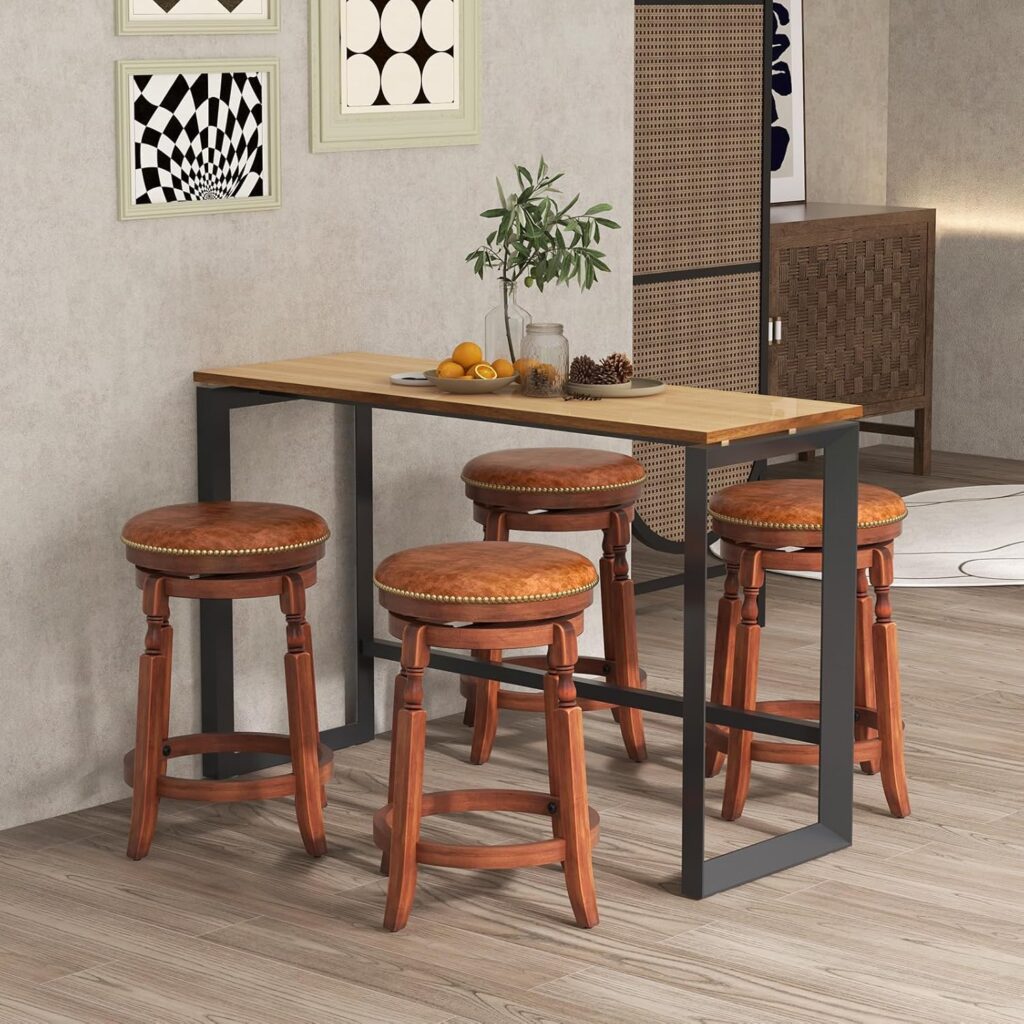 Giantex 24 Swivel Bar Stools Set of 2, Farmhouse Counter Height Stools with Upholstered Seat  Rubber Wood Frame, Round Backless Kitchen Stools, Barstools for Kitchen Island/Breakfast Nook, Walnut