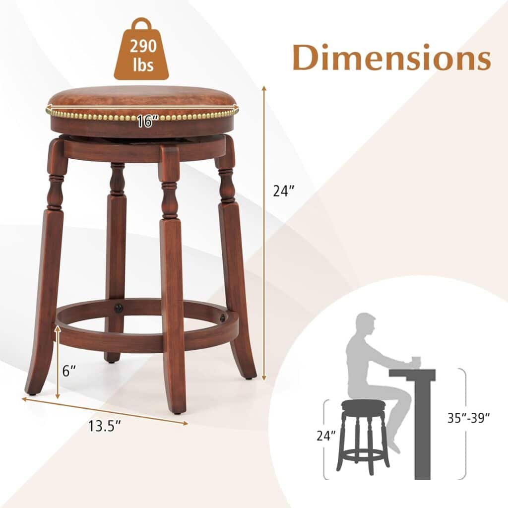 Giantex 24 Swivel Bar Stools Set of 2, Farmhouse Counter Height Stools with Upholstered Seat  Rubber Wood Frame, Round Backless Kitchen Stools, Barstools for Kitchen Island/Breakfast Nook, Walnut