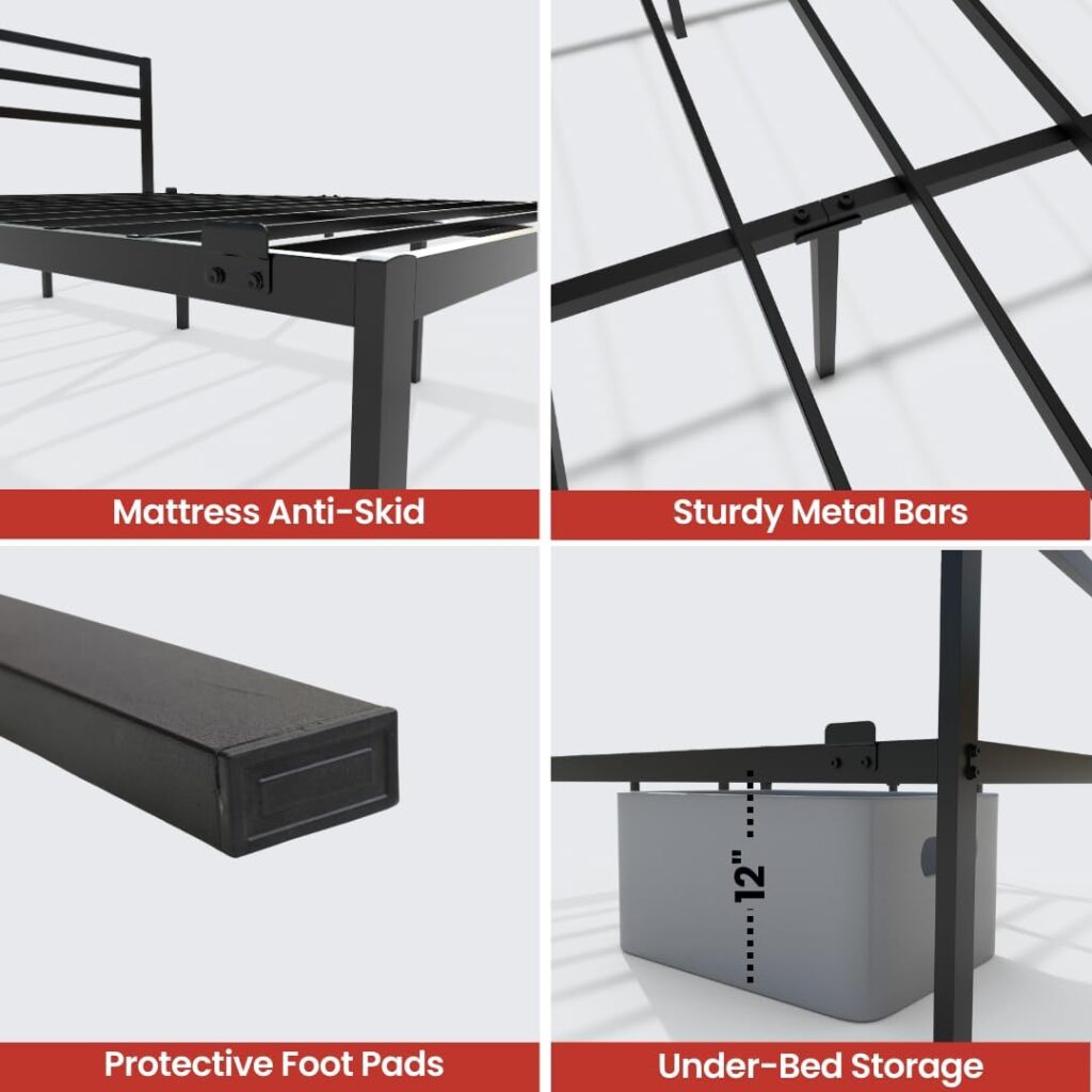 Golden Gate Beds Metal Bed Frame, Sturdy Mattress Foundation with Storage Space, No Box Spring Needed, Heavy Duty Frame, Easy Assembly, Strong Steel Platform Base, Stylish, Minimalist - Black, Twin