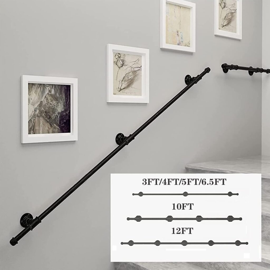 Handrail for Indoor Stairs 10ft,3 Sections Grab Rails for Disabled Elderly,Metal Interior Hand Railing for Stairs Wall Mount,Black (10FT)