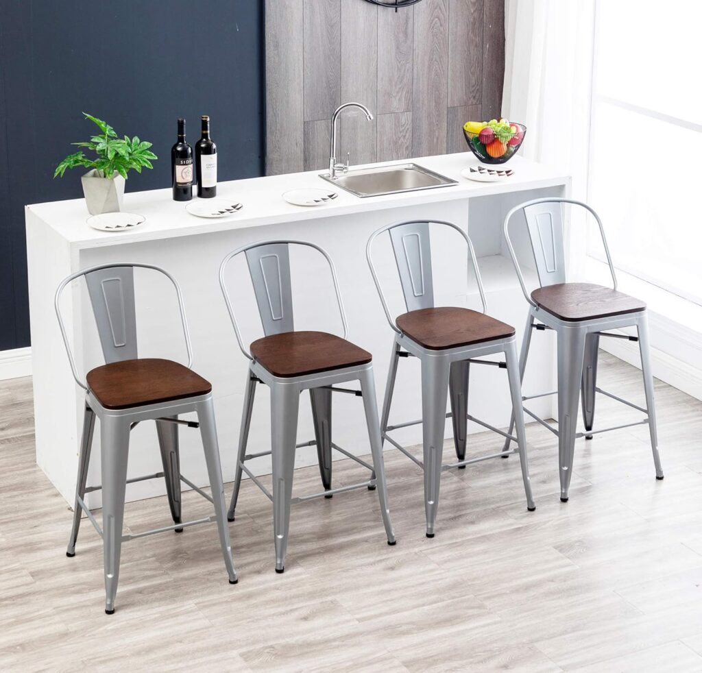 HAOBO Home Swivel Metal Barstools High Back Counter Bar Stools Set of 4 (Matte Black with Wooden Seat, Swivel 24 inch)