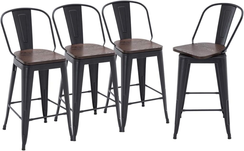 HAOBO Home Swivel Metal Barstools High Back Counter Bar Stools Set of 4 (Matte Black with Wooden Seat, Swivel 24 inch)