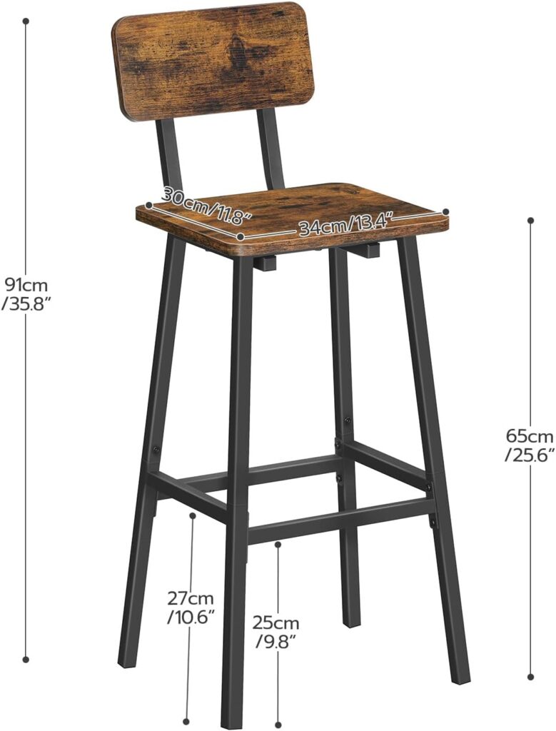 HOOBRO Bar Stools, Bar stools Set of 2, Bar Chair with Backrest and Footrests, 25.6 Tall Bar Stools, for Kitchen Island, Dining Room, Bar, Cafe, Rustic Brown and Black BF83BY01G1N1