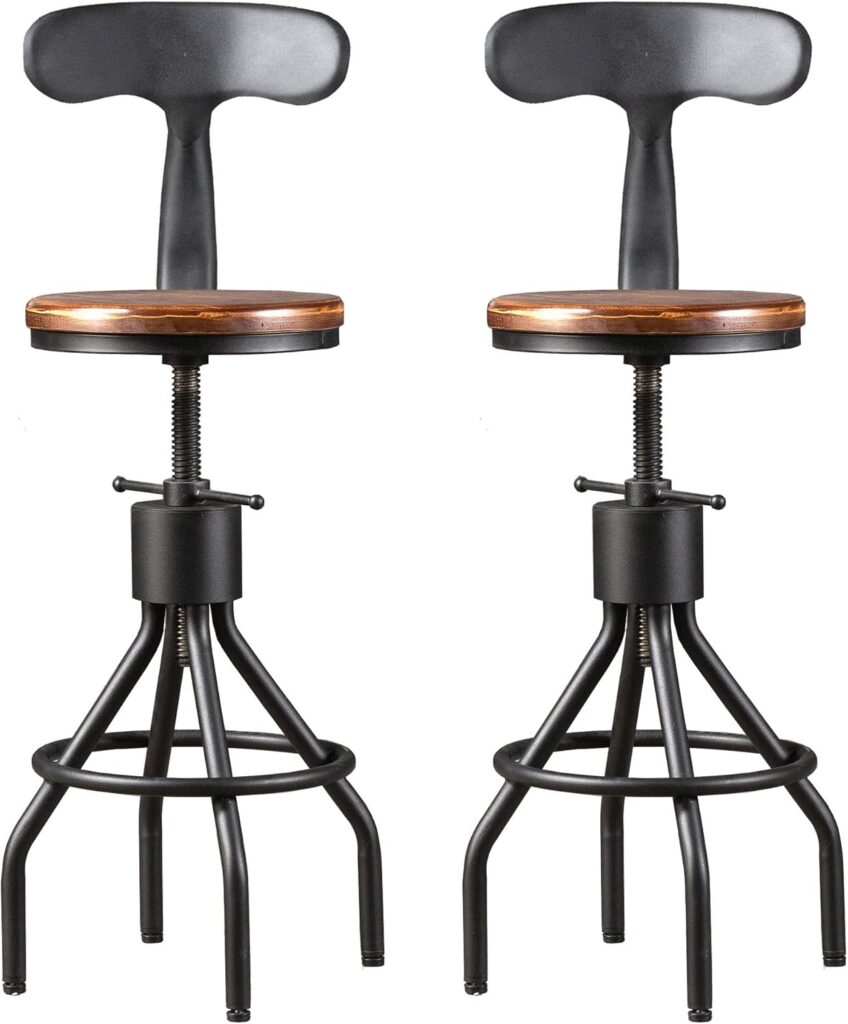 LOKKHAN Set of 2 Rustic Industrial Bar Stool-24-30 Tall Adjustable Metal Swivel Wooden Top Barstools-Counter Height Bar Height-Vintage Farmhouse Kitchen Breakfast Cafe Stool-with Backrest