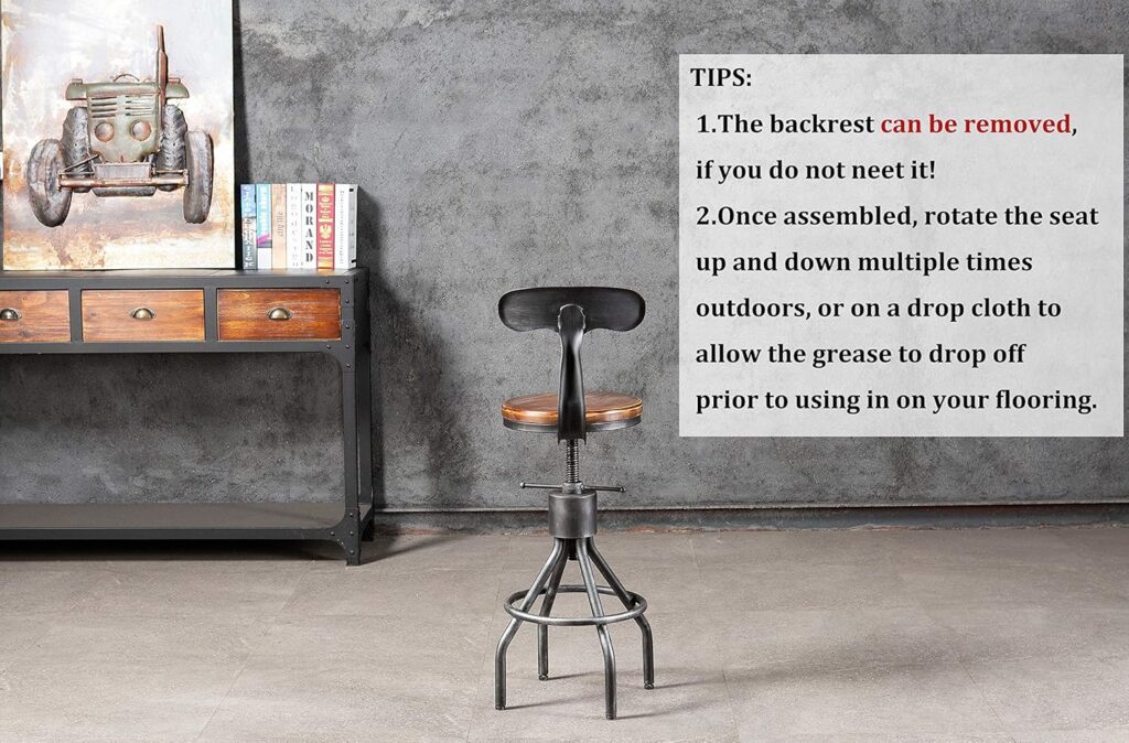 LOKKHAN Set of 2 Rustic Industrial Bar Stool-24-30 Tall Adjustable Metal Swivel Wooden Top Barstools-Counter Height Bar Height-Vintage Farmhouse Kitchen Breakfast Cafe Stool-with Backrest