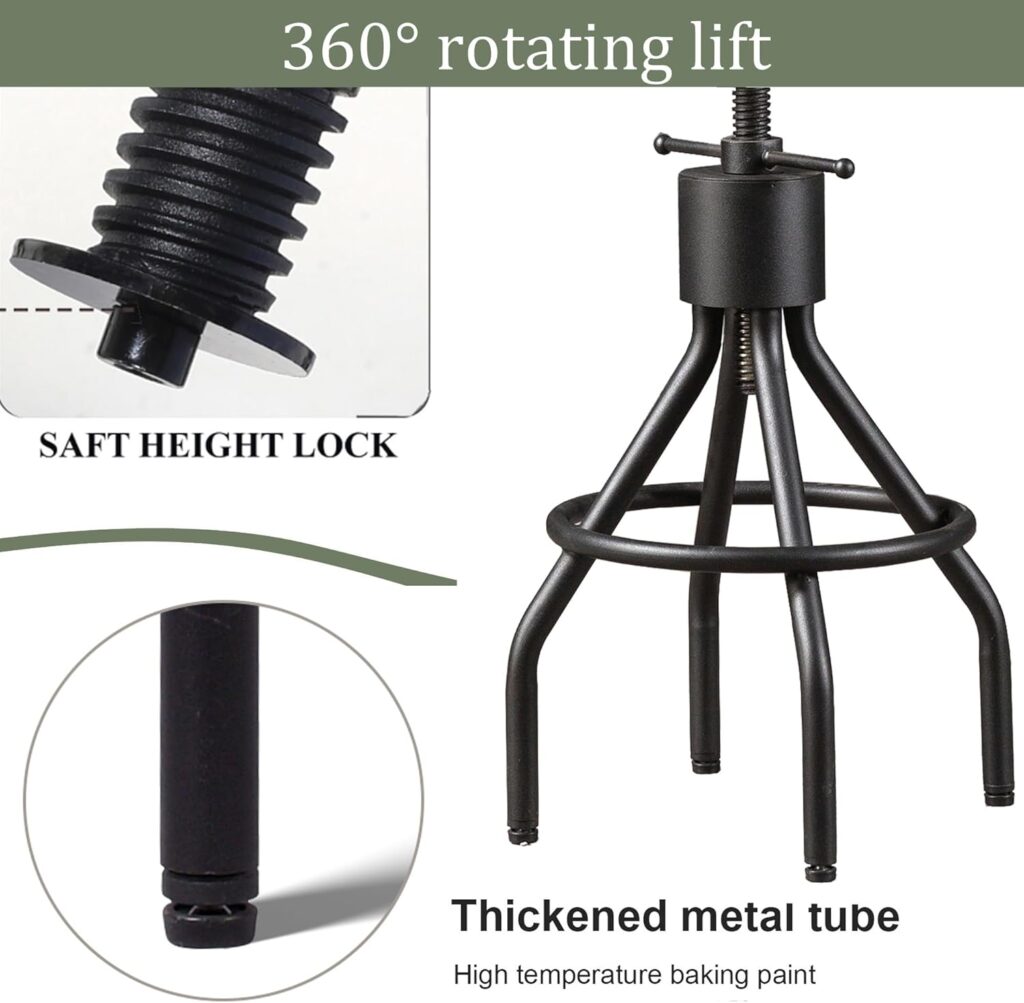 LOKKHAN Set of 2 Rustic Industrial Bar Stool-24-30 Tall Adjustable Metal Swivel Wooden Top Barstools-Counter Height Bar Height-Vintage Farmhouse Kitchen Breakfast Cafe Stool-with Backrest