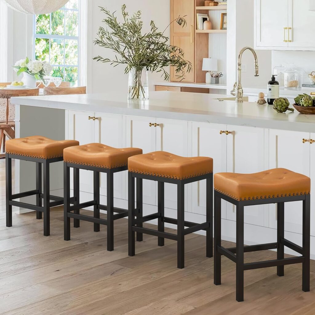 LUE BONA Counter Height Bar Stools, 24 Inch Saddle Backless Bar Stools Set of 4 for Kitchen Counter, Faux Leather Counter Stools with Black Metal Legs, Modern Kitchen Island stools, Whiskey Brown