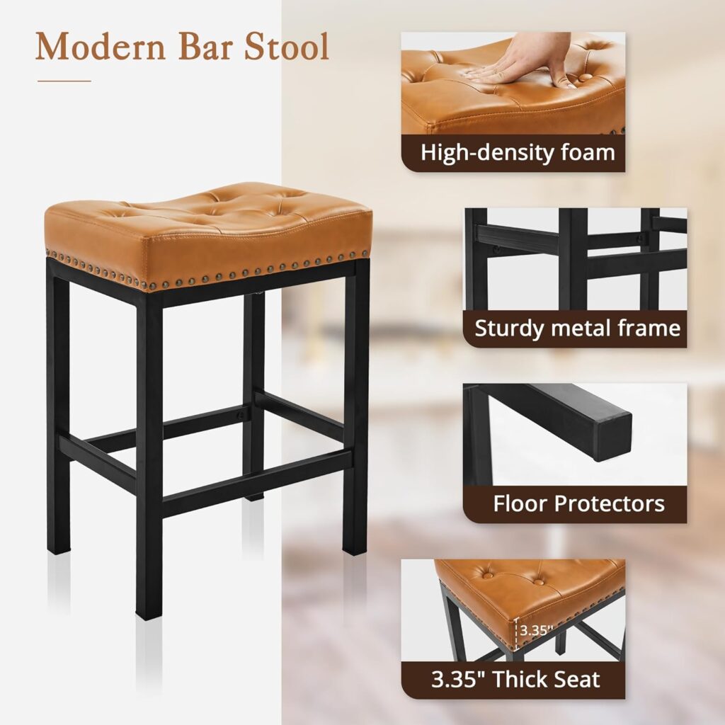 LUE BONA Counter Height Bar Stools, 24 Inch Saddle Backless Bar Stools Set of 4 for Kitchen Counter, Faux Leather Counter Stools with Black Metal Legs, Modern Kitchen Island stools, Whiskey Brown