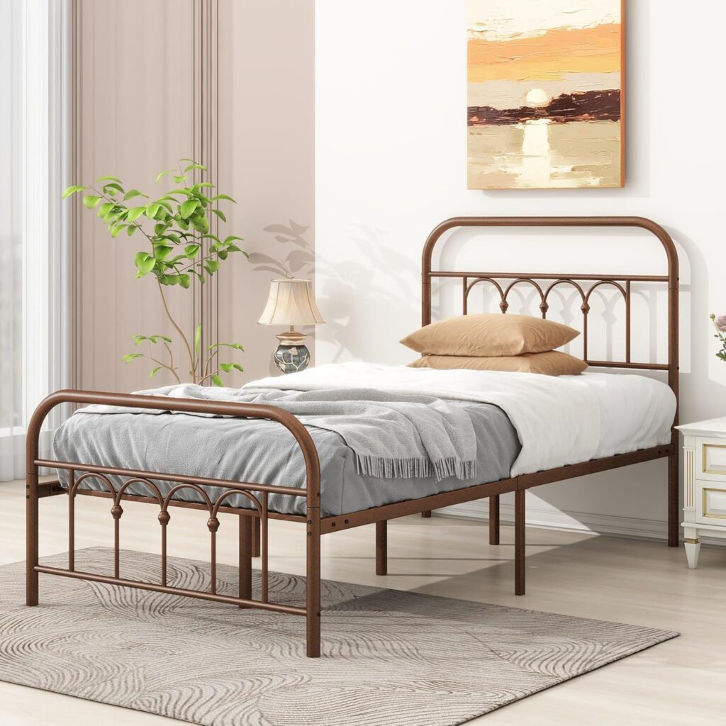 Metal Bed Frame Twin Size with Vintage Headboard and Footboard Platform Base Wrought Iron Bed Frame, No Box Spring Needed(Twin,Antique Bronze)