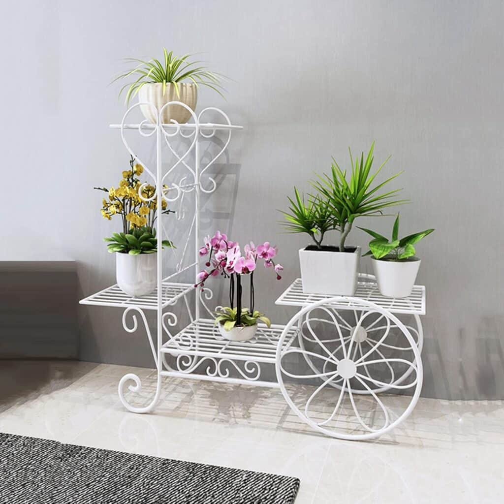 Metal Plant Stand Balcony Planters Flower Shelf Garden Plant Holders Wrought Iron Bakers Rack Display Stand (White 57.5*18*56.5cm)