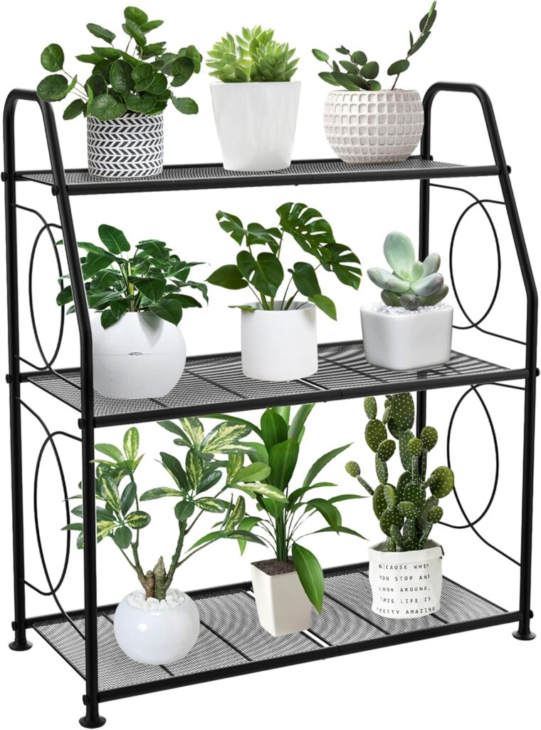 Plant Stand, 3 Tier Plant Shelf for Indoor Outdoor, Heavy Duty Metal Outdoor Plant Stand Holder Rack for Living Room Balcony and Garden, Black