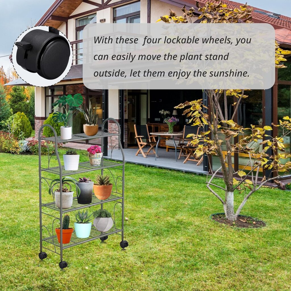 Plant Stand, 4 Tier Moveable Plant Shelf for Indoor Outdoor, Gray Heavy Duty Metal Multiple Plant Rack Holder for Garden Balcony Living Room