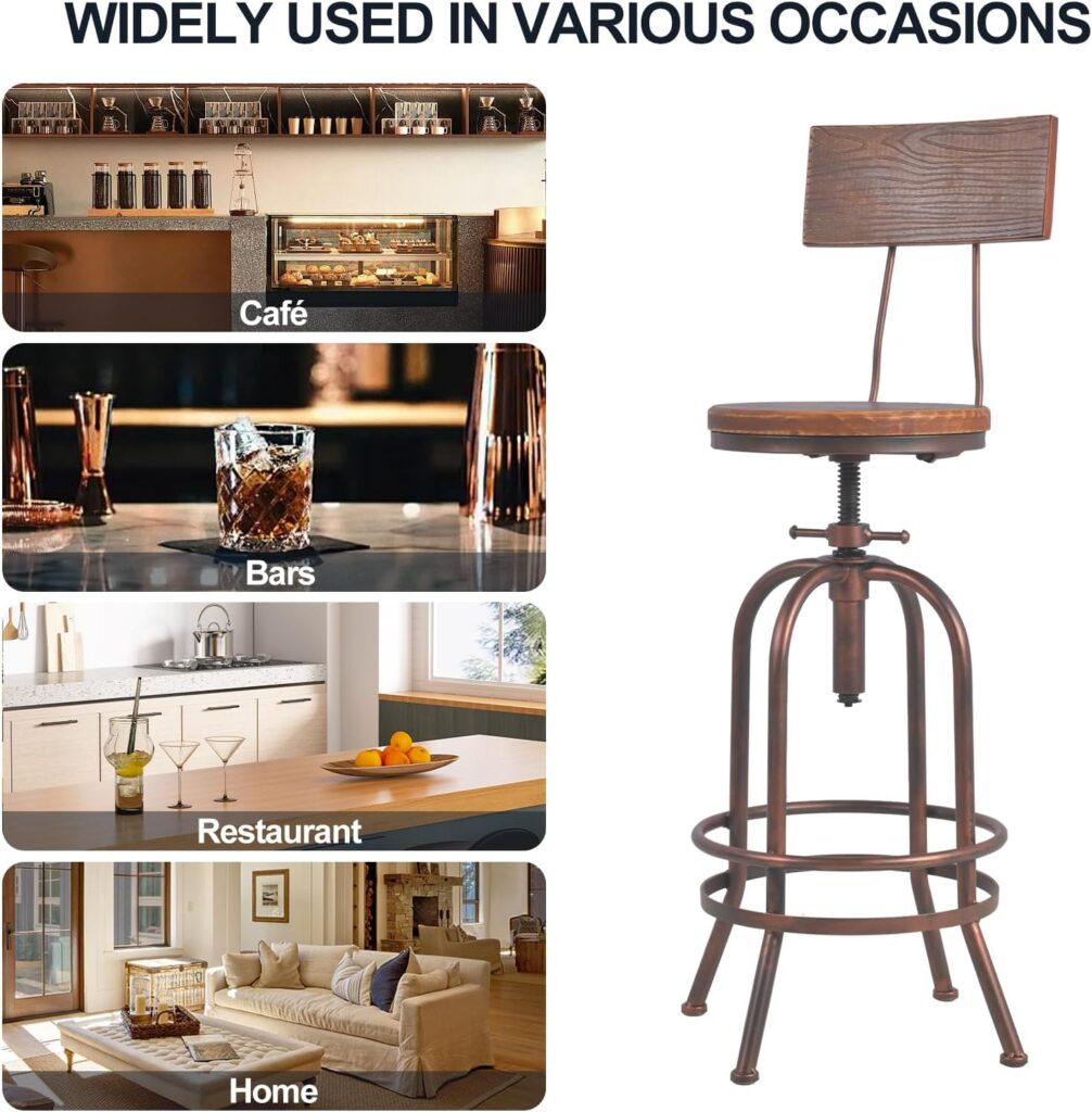 Set of 2-Industrial Bar Stools-Swivel Wooden Seat-Bar Counter Height Adjustable 26-32.2inch-Kitchen Dining Chairs