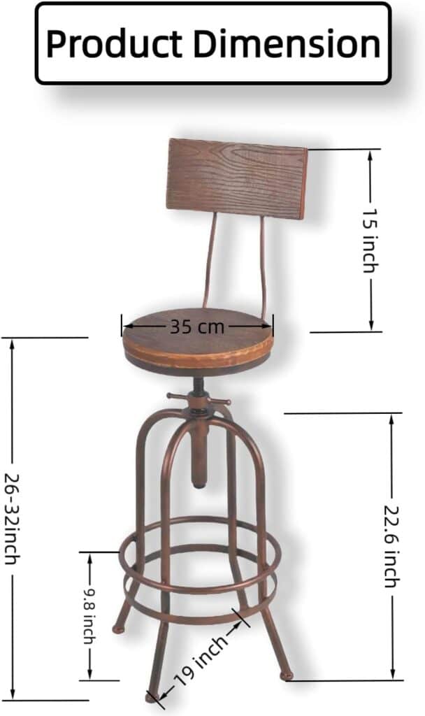 Set of 2-Industrial Bar Stools-Swivel Wooden Seat-Bar Counter Height Adjustable 26-32.2inch-Kitchen Dining Chairs