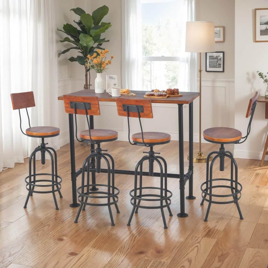 Set of 2-Industrial Bar Stools-Swivel Wooden Seat-Bar Counter Height Adjustable 26-32.2inch-Kitchen Dining Chairs