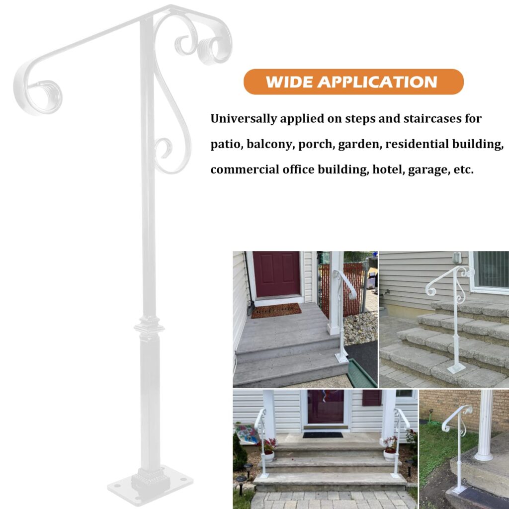 Single Post Handrail, Handrail Railing with Base Wrought Iron Sturdy Stair Handrail Fits 1 or 2 Steps Grab Rail for Steps Porch (White)