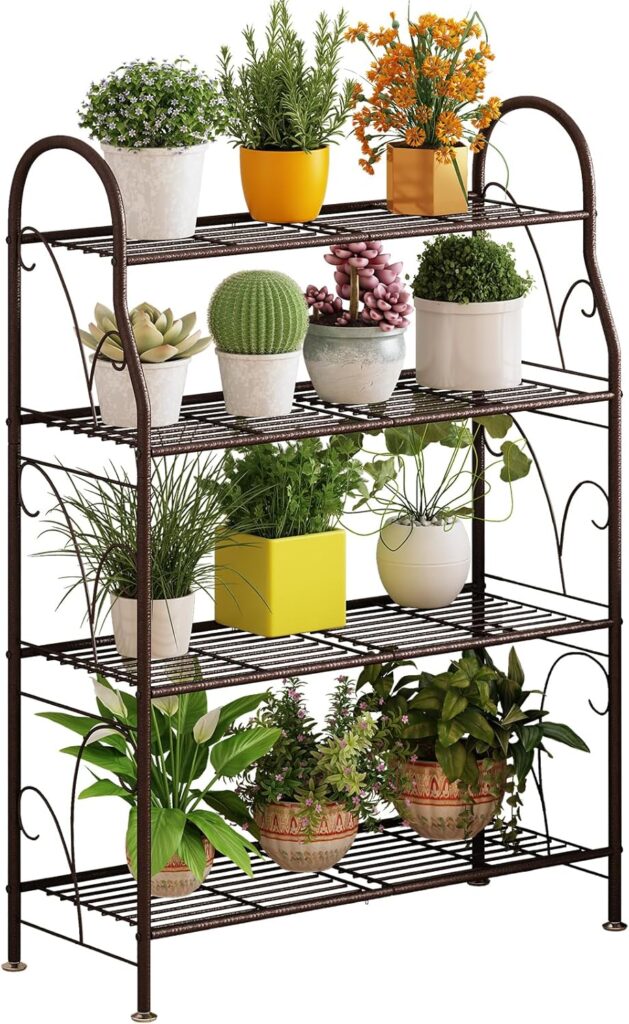 SORCEDAS Plant Stand Indoor Outdoor Plant Stands 4 Tier Metal Corner Plant Shelf Multiple Holder for Living Room Balcony Garden, Dark Grey