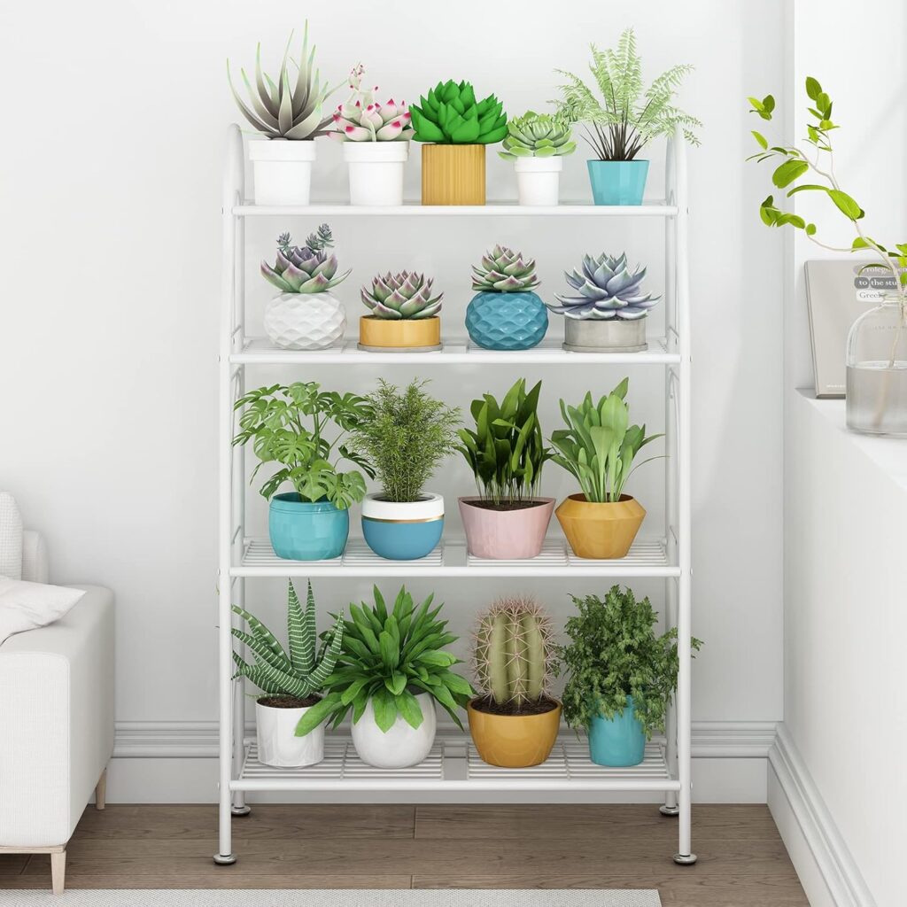 SORCEDAS Plant Stand Indoor Outdoor Plant Stands 4 Tier Metal Corner Plant Shelf Multiple Holder for Living Room Balcony Garden, Dark Grey