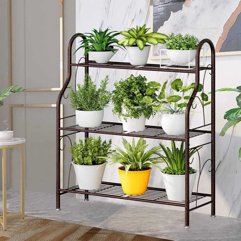 SORCEDAS Plant Stand Indoor Outdoor Plant Stands 4 Tier Metal Corner Plant Shelf Multiple Holder for Living Room Balcony Garden, Dark Grey
