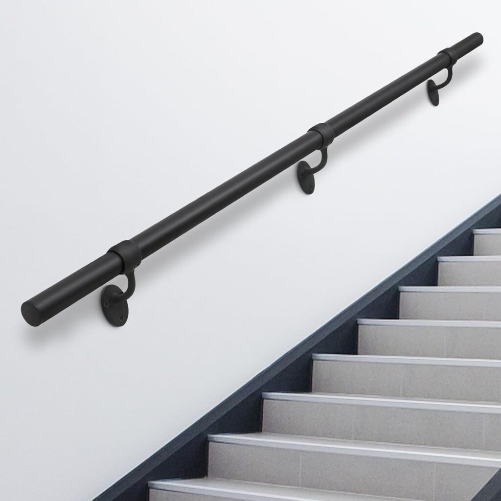 Stair Railing Indoor Metal Hand Rails for Indoor Stairs 1.5 Pipe Stair Handrail Aluminum Wall Mounted Indoor/Outdoor Handrail for Steps Black Industrial Handrail for Stairs 4ft