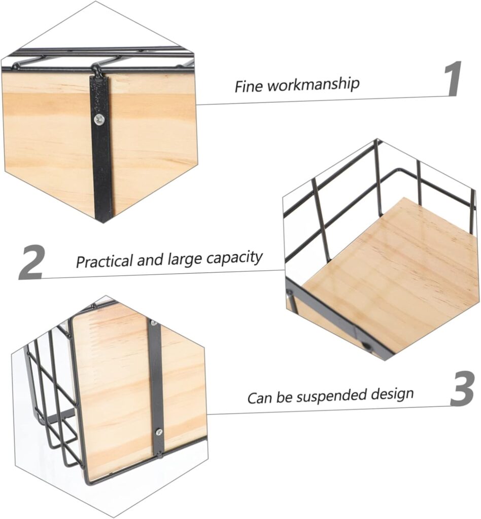 Storage Baskets Iron Art Wall-Mounted Baskets Desktop Basket with Wooden Board Organizing Bins Wire Baskets Black
