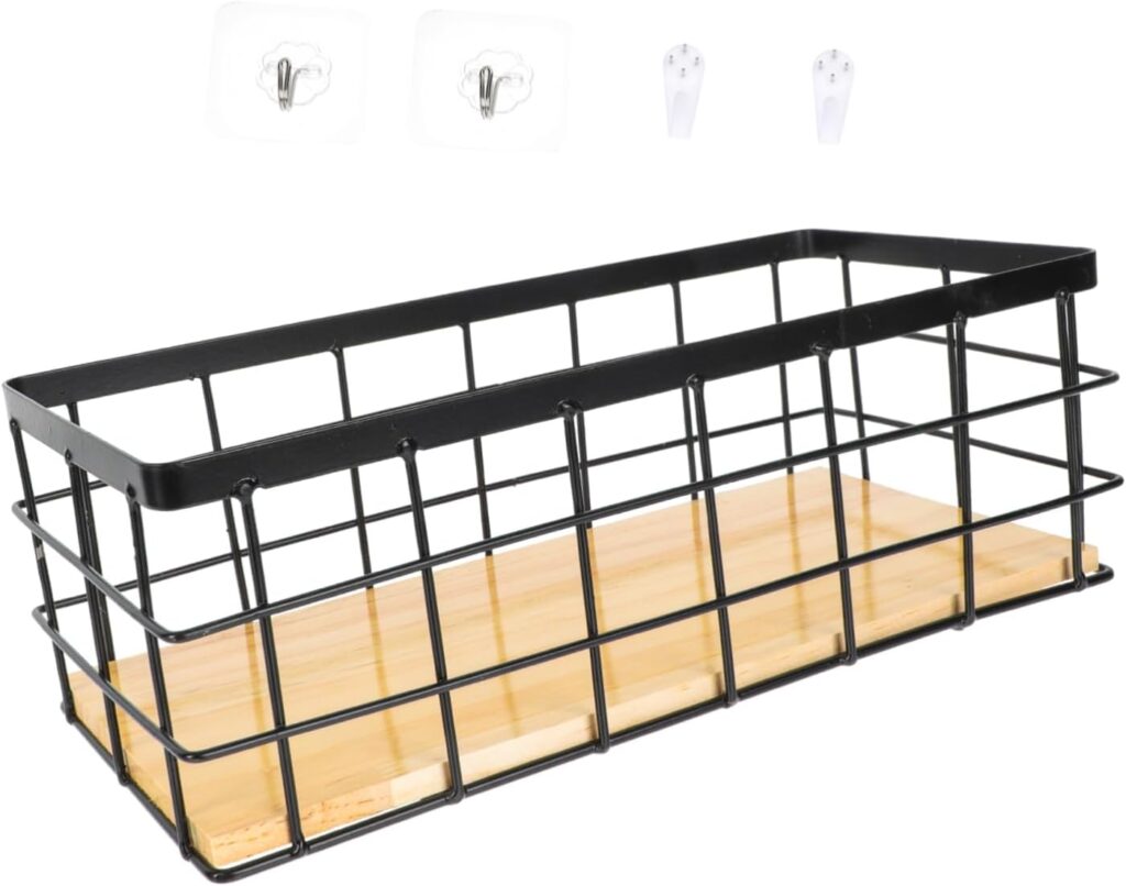 Storage Baskets Iron Art Wall-Mounted Baskets Desktop Basket with Wooden Board Organizing Bins Wire Baskets Black