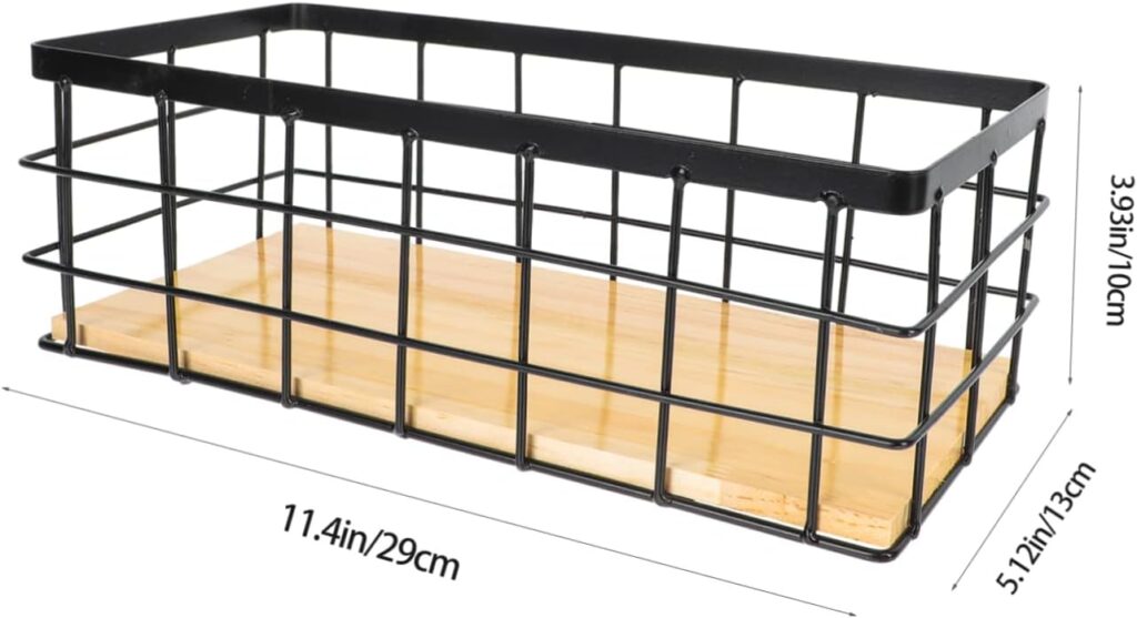 Storage Baskets Iron Art Wall-Mounted Baskets Desktop Basket with Wooden Board Organizing Bins Wire Baskets Black