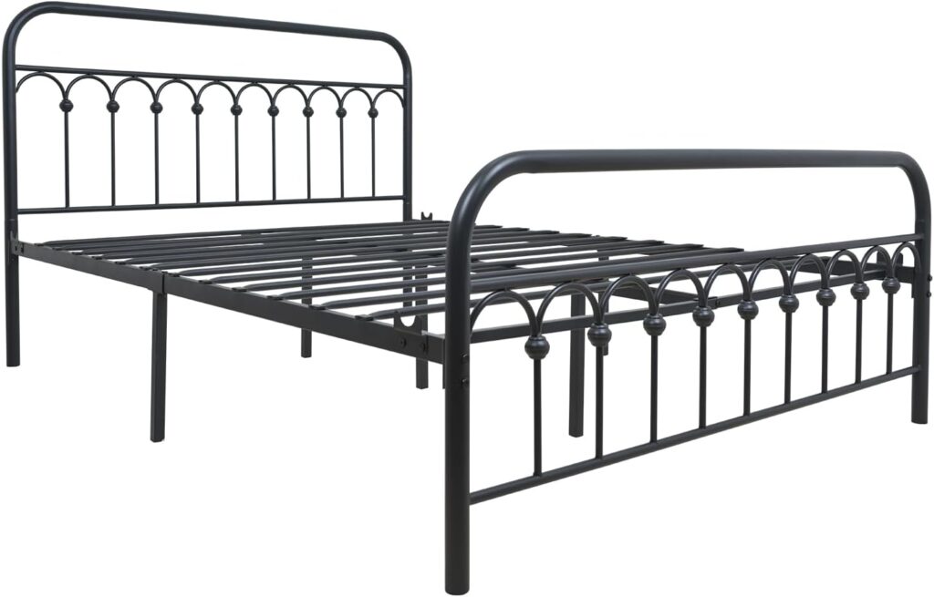 Vintage Sturdy Metal Bed Frame Queen Size with Vintage Headboard and Footboard Platform Base Bed Frame No Box Spring Needed Steel Bed (Black, Queen)
