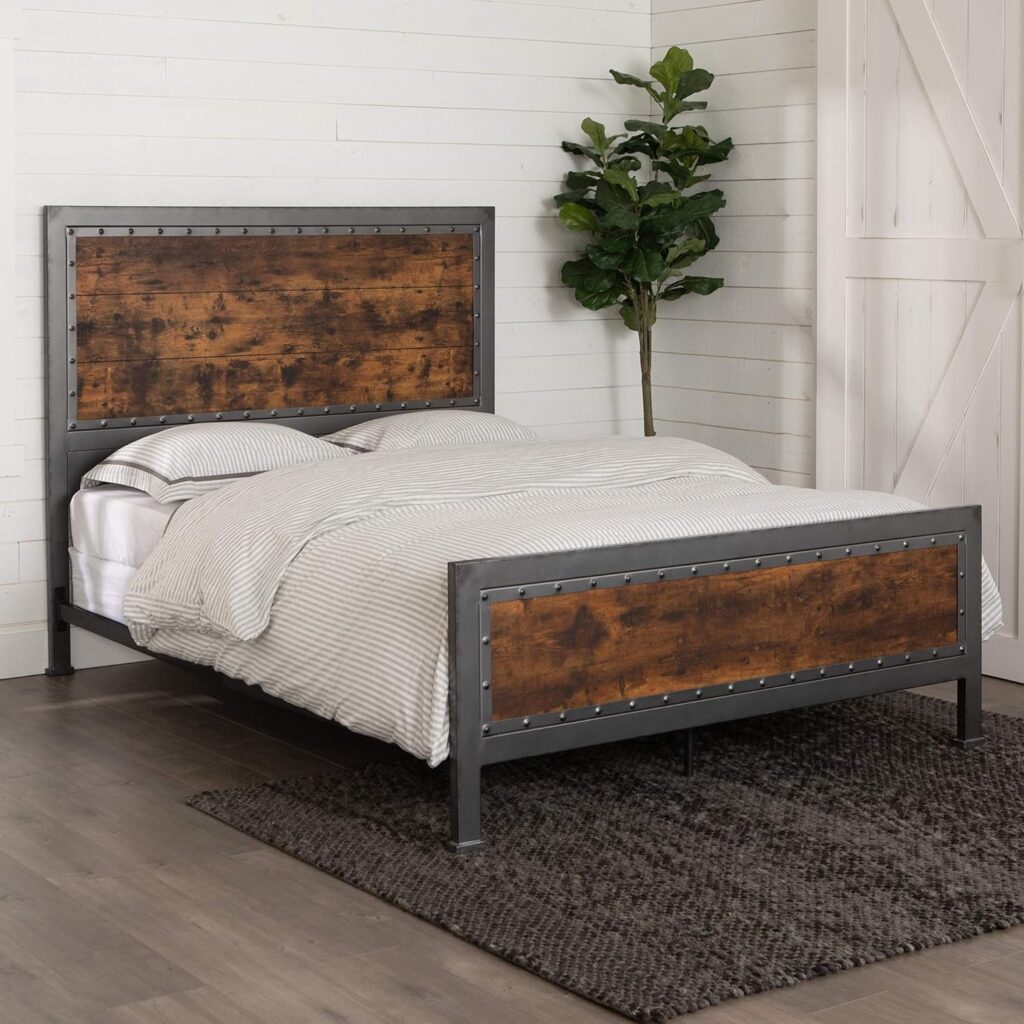 Walker Edison Rustic Farmhouse Wood and Metal Queen Metal Bed Headboard Footboard Bed Frame Bedroom, Queen, Bronze