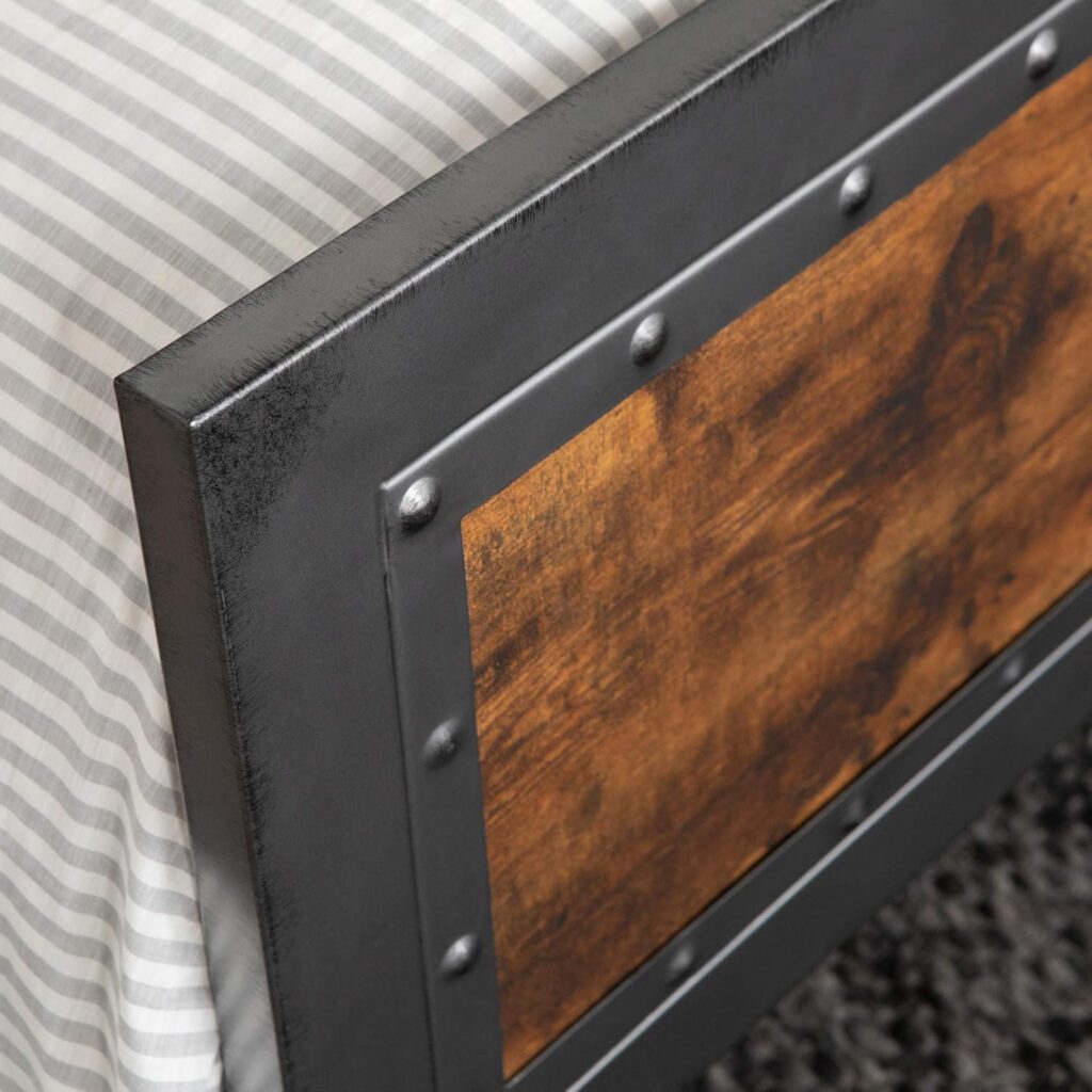 Walker Edison Rustic Farmhouse Wood and Metal Queen Metal Bed Headboard Footboard Bed Frame Bedroom, Queen, Bronze