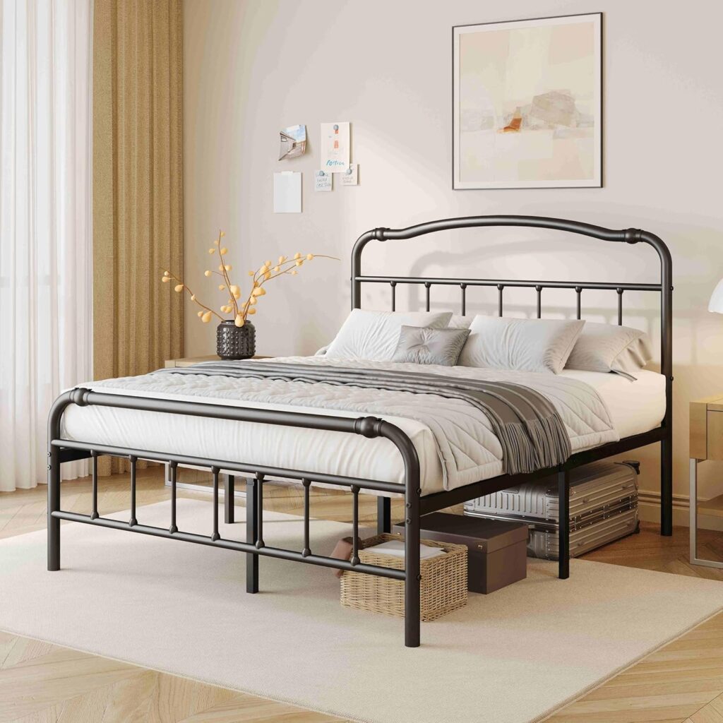 ZIYOO Vintage-Inspired 14 Inch Metal Bed Frame - Victorian Headboard  Footboard, Sturdy Platform Design, Under Bed Storage, No Box Spring Needed, Noise Free, Queen Size