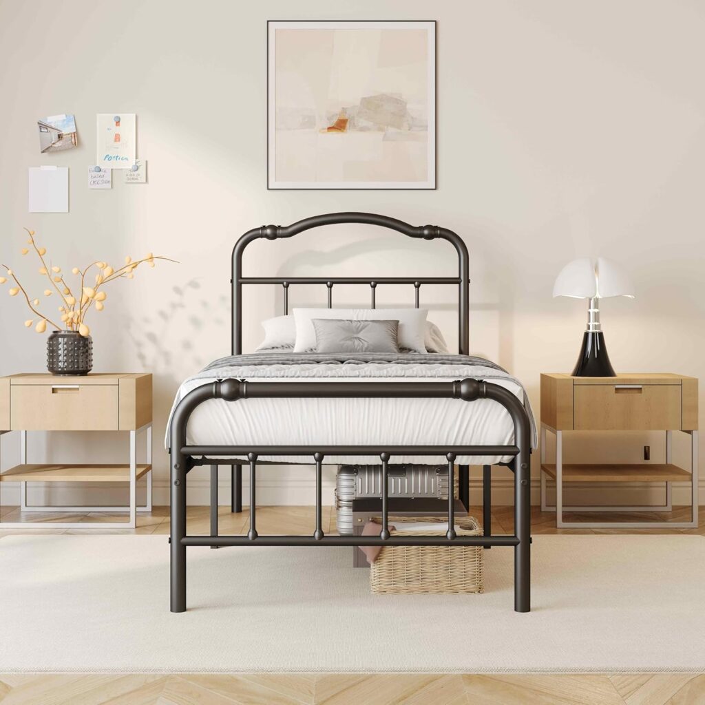 ZIYOO Vintage-Inspired 14 Inch Metal Bed Frame - Victorian Headboard  Footboard, Sturdy Platform Design, Under Bed Storage, No Box Spring Needed, Noise Free, Queen Size